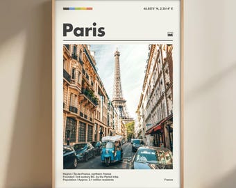 May include: A framed print featuring a street scene in Paris, France, with the Eiffel Tower in the background. The word "Paris" is displayed in bold letters above the image. The print includes the coordinates 48.8575° N, 2.3514° E.