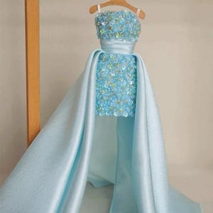 30cm Fashion Doll Blue Handmade High-Low Beaded Sequin Gown with Train, 1/6 Bjd/12&quot; Doll Custom Dress/Princess Clothes/Wedding/Evening Dress