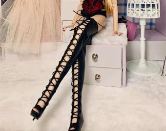 Lace-Up Cutout Boots for 1/6 Fashion Dolls, Peep-Toe or Closed-Toe, Thigh-High or Below-Knee, Fashion Royalty/NuFace Doll Leather Shoes