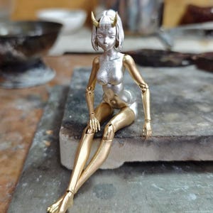 Handmade BJD with 18K Gold Hands and Feet, Sterling Silver Body, Metal Collectible Art BJD/Doll with Horns and Hair, Adorned with patterns