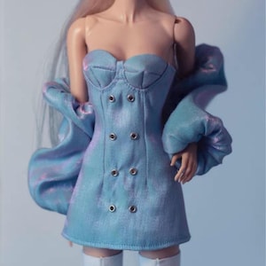 Minivestido iridiscente con mangas abullonadas estructuradas, hecho a mano, para la realeza de la moda, juguetes Integrity, muñecas a escala 1:6 y muñecas de moda de 12 pulgadas.