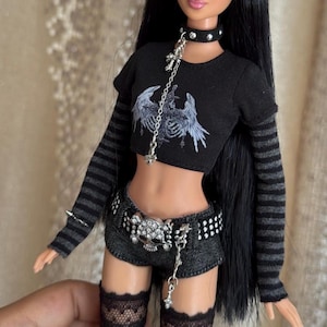 Y2K Dark Aesthetic Full Outfit Set for 1/6 Fashion Doll/Fashion Royalty/Poppy Parker/NuFace, Gothic Chic Studded Skull & Cross Doll Clothes