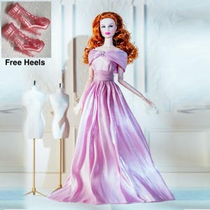 30cm Fashion Doll Pink Off-Shoulder Dress/Gown (Free High Heels), 1/6 bjd/12 inch Doll Clothes/Evening Dress/Princess Dress