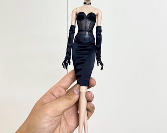 Black Semi-Sheer Corset with Pencil Skirt for 30cm/12inch Fashion Dolls/Fashion Royalty, 1/6 Doll Semi-Transparent Sleek Office Outfit