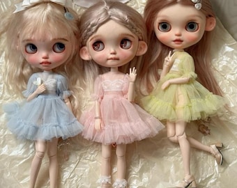 Vestido de tul pastel brillante hecho a mano para muñecas Blythe/Licca/OB24/OB22/Azone con detalles de encaje.