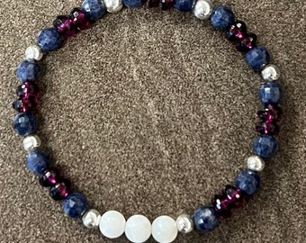 Sapphire, Rhodolite Garnet, Mother of Pearl, Stretch Bracelet, Red White Blue