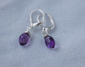 Amethyst Gemstone Earrings  February Birthstone  Marquise Shape  Minimalist Purple