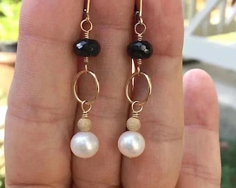 White Pearls and  Black Spinel Earrings