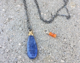 Kyanite Gemstone Necklace:  Black Oxidized Chain with Orange Carnelian Attachment