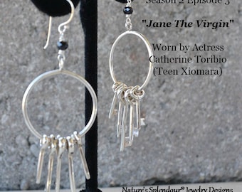 Worn On TV, Jane The Virgin, Key Hoop Earrings,  Solid Sterling Silver,  Black Spinel, Jailery®, Boho Earrings