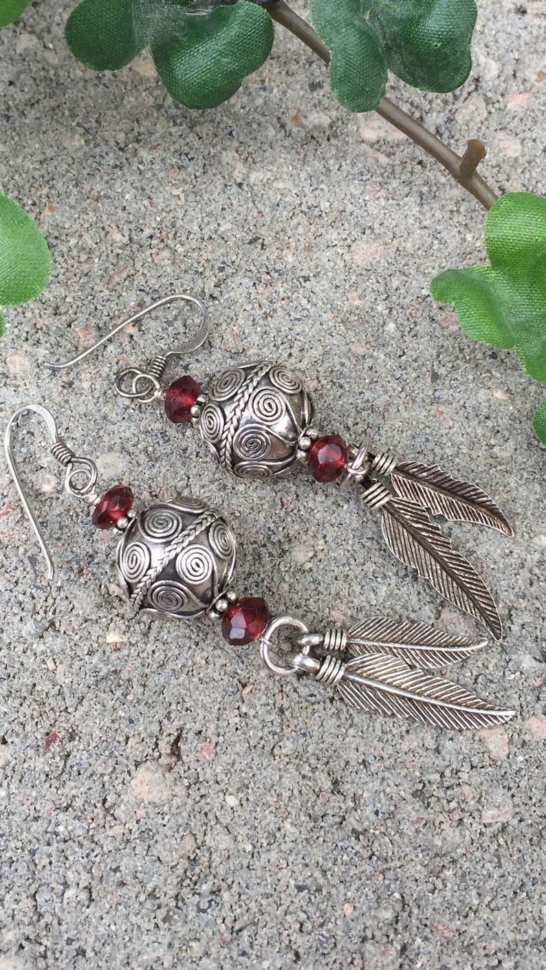 Feather Earrings, Silver Feather Earrings, Bali Beaded Earrings, Long Earrings,Dangle Earrings, Natures Splendour image 3