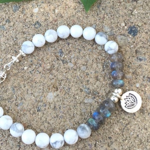Labradorite Bracelet, Howlite Bracelet, Lotus Flower, Yoga Bracelet, Bohemian, Stacking Bracelet, Natures Splendour, Unisex Bracelet image 1