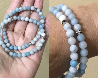 Aquamarine Stretch Bracelet: Matte Gemstone & Bali Silver
