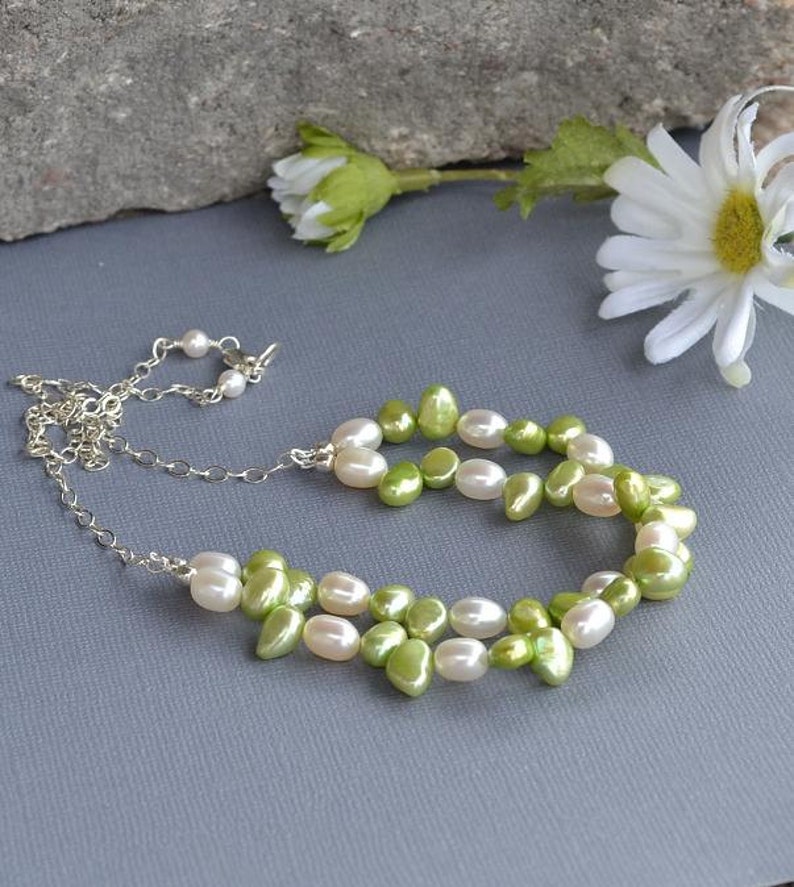 Green Pearl, Creamy White Pearl, Cultured Freshwater Pearl Necklace, Two Strand Necklace, Lime Green Pearls, Natures Splendour, image 2