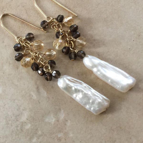 Biwa Pearls, Stick Pearl Earrings, Citrine, Smokey Quartz, 14 kt gold filled, Dangle Earrings, Lustrous White Biwa Earrings