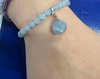Aquamarine Gemstone Stretch Bracelet, Sky Blue Beaded Charm