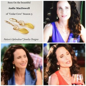 May include: A collage of four images featuring actress Andie MacDowell wearing gold leaf earrings with a light brown gemstone. The text "Seen On the beautiful Andie MacDowell of "Cedar Cove" Season 3" and "Nature's Splendour&reg; Jewelry Designs" is visible in the top left image.