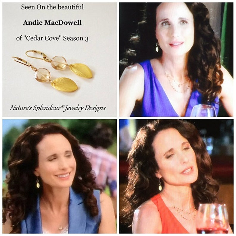 May include: A collage of four images featuring actress Andie MacDowell wearing gold leaf earrings with a light brown gemstone. The text "Seen On the beautiful Andie MacDowell of "Cedar Cove" Season 3" and "Nature's Splendour&reg; Jewelry Designs" is visible in the top left image.