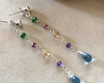 Colorful Earrings , Blue Topaz , Citrine,  Garnet,  Amethyst , Green Apatite,  Long Linear Earrings, Natures Splendour Jewelry, Springtime