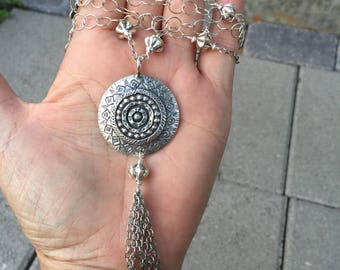 Long Sterling Silver Tassel Necklace: Hill Tribe Medallion, 38 Inch
