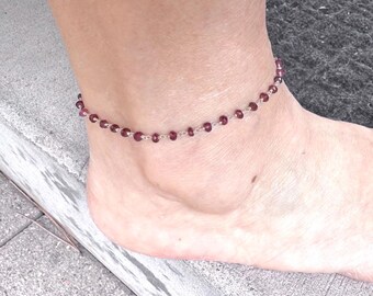 Dainty Garnet Anklet: Sterling Silver Rosary Style, January Birthstone