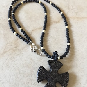 Yak Horn, Carved Cross Pendant, Necklace, Black Onyx, Bone Beads, Unisex Necklace, Mens Necklace, Womens Necklace, Gifts For Him