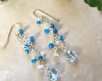 Long Gemstone Earrings Sky Blue Topaz White Topaz Dangle Teal Blue Apatite Earrings Chain  Modern Natures Splendour