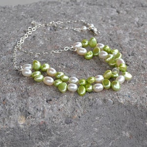 Green Pearl, Creamy White Pearl, Cultured Freshwater Pearl Necklace, Two Strand Necklace, Lime Green Pearls, Natures Splendour, image 3