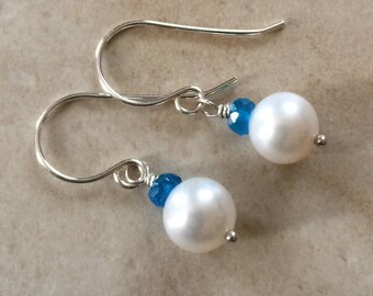Apatite Earrings  Freshwater Pearl Earrings  Pearl and Gemstone Earrings  Simple Drop Earrings  Teal Earrings  Minimalist Earrings