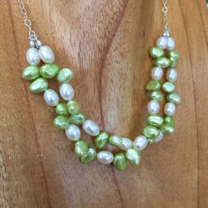 Green Pearl, Creamy White Pearl, Cultured Freshwater Pearl Necklace, Two Strand Necklace, Lime Green Pearls, Natures Splendour, image 1