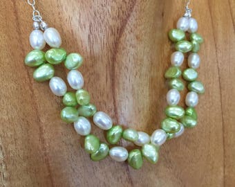 Green Pearl, Creamy White Pearl, Cultured Freshwater Pearl Necklace, Two Strand Necklace, Lime Green Pearls, Natures Splendour,