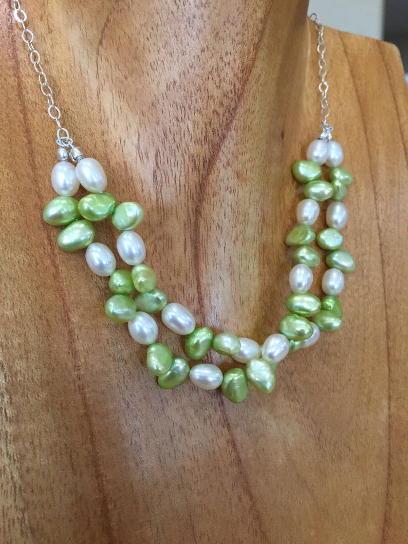 Green Pearl, Creamy White Pearl, Cultured Freshwater Pearl Necklace, Two Strand Necklace, Lime Green Pearls, Natures Splendour, image 1