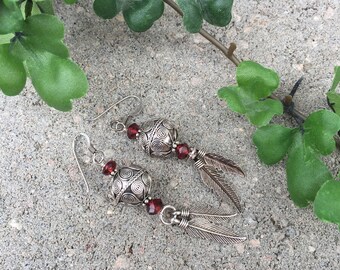 Feather Earrings, Silver Feather Earrings, Bali Beaded Earrings, Long Earrings,Dangle Earrings, Natures Splendour