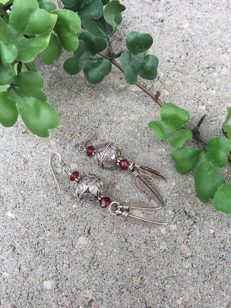 Feather Earrings, Silver Feather Earrings, Bali Beaded Earrings, Long Earrings,Dangle Earrings, Natures Splendour image 1