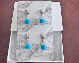 Turquoise Sterling Silver Drop Earrings: Carved Gemstone Posts