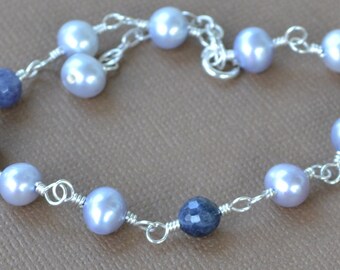 Sapphires - Blue Cultured Freshwater Pearls - Sapphire and Pearl Bracelet - Blue Bracelet - September Birthstone - Wedding Bracelet