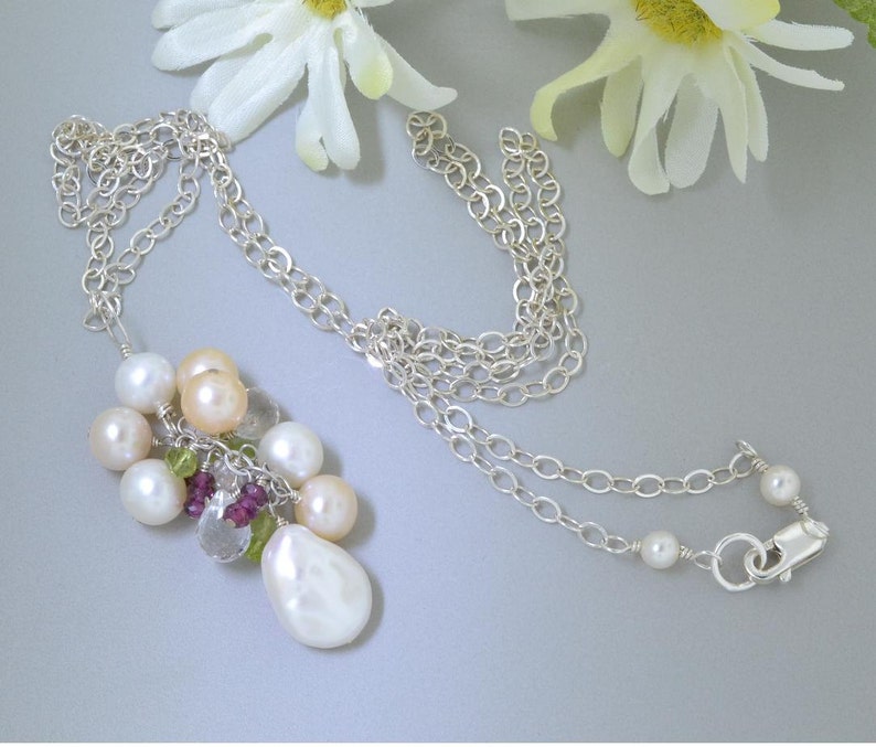 Colored Pearl Necklace Garnet Necklace Cluster Pendant Pearls and Gemstones Pendant Peridot Necklace Topaz Necklace June Jewelry