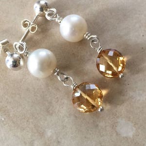 Citrine Pearl Earrings Dangle Earrings November Birthstone Yellow Gemstone Gifts For Her Coin Pearls June Birthstone image 1