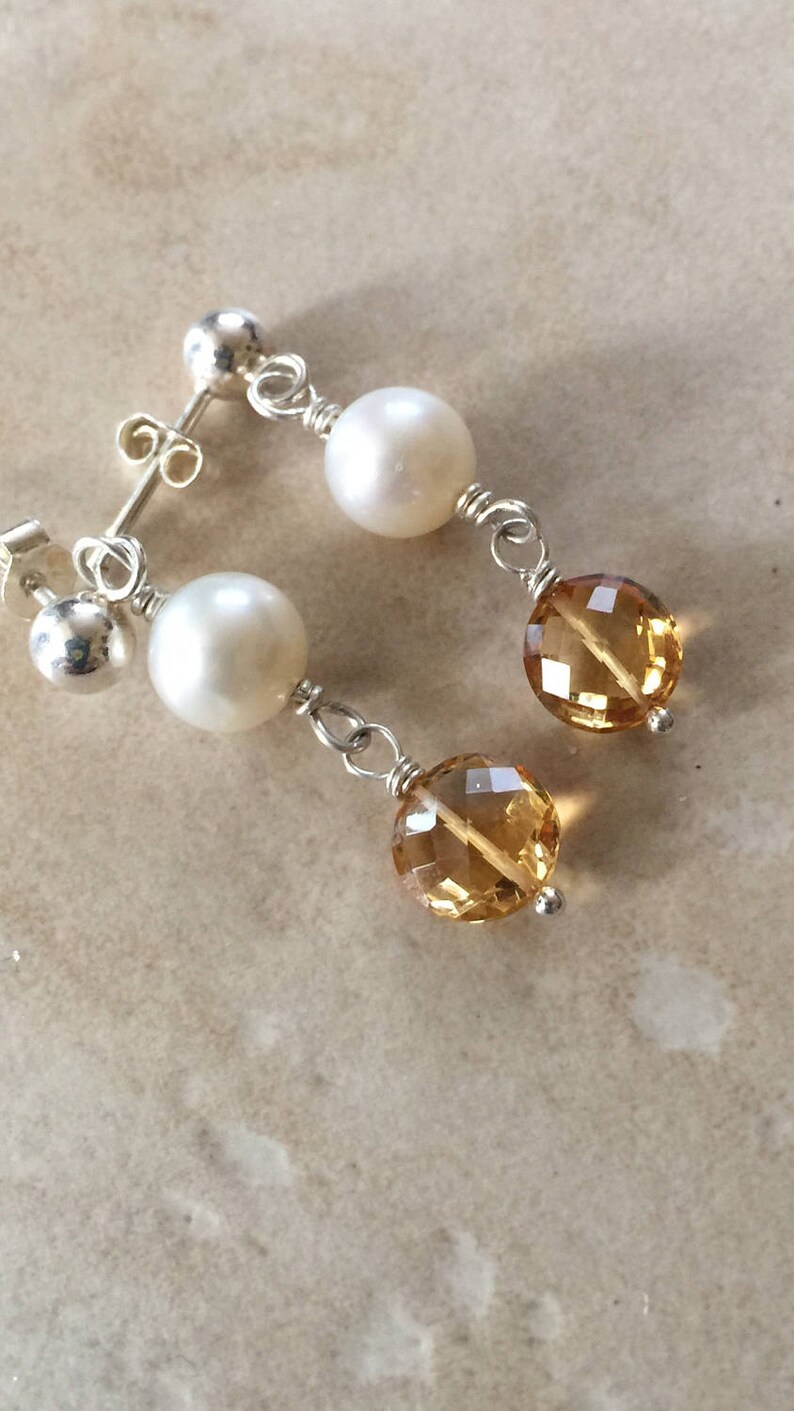 Citrine Pearl Earrings Dangle Earrings November Birthstone Yellow Gemstone Gifts For Her Coin Pearls June Birthstone image 1