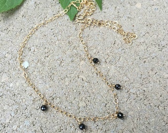 Black Spinel Necklace: 14kt Gold Filled Chain, Dainty Layering Necklace