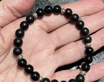 Black Onyx Bracelet:  Sterling Silver Spacers Accents