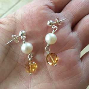 Citrine Pearl Earrings Dangle Earrings November Birthstone Yellow Gemstone Gifts For Her Coin Pearls June Birthstone image 2