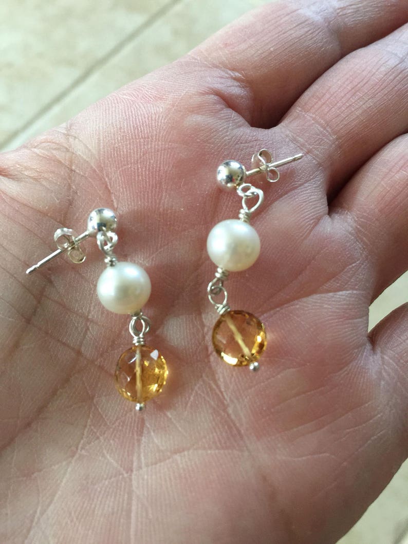 Citrine Pearl Earrings Dangle Earrings November Birthstone Yellow Gemstone Gifts For Her Coin Pearls June Birthstone image 2