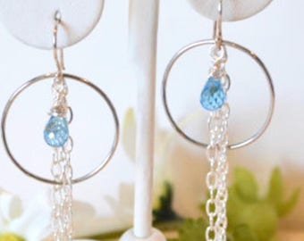 Blue Topaz Chandelier Earrings Semi Precious Gemstone Long Chains in Sterling Silver