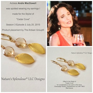 May include: Gold leaf earrings with champagne quartz stones. The earrings are shown on a white background with the text "Nature's Splendour&reg; LLC Designs".