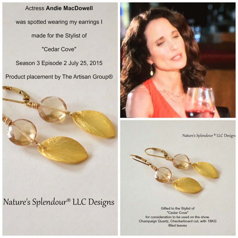 May include: Gold leaf earrings with champagne quartz stones. The earrings are shown on a white background with the text "Nature's Splendour&reg; LLC Designs".