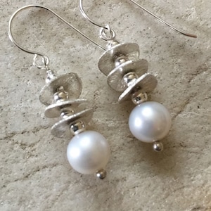 Dangle Earrings Cultured Freshwater Pearl Wedding Earrings Hill Tribe Silver Iced Discs Modern Bridal Earrings