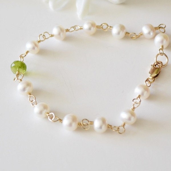 Peridot and Pearl Bracelet 14K Gold Filled Wire Wrapped August Birthstone June Birthstone