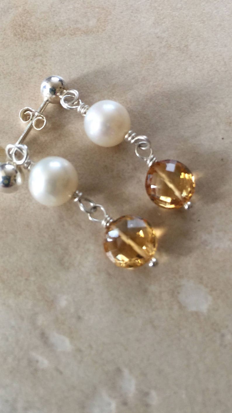 Citrine Pearl Earrings Dangle Earrings November Birthstone Yellow Gemstone Gifts For Her Coin Pearls June Birthstone image 3