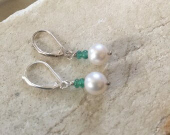 Emerald Earrings, Pearl Earrings, Pearl and Gemstone Earrings, Green Gemstone, May Birthstone, June Birthstone, Natures Splendour